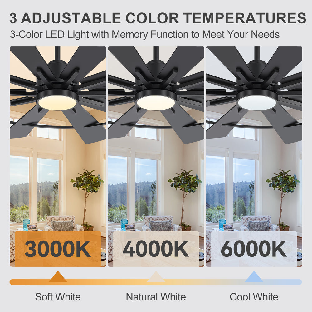 62/72 Inch Modern Black Ceiling Fan with Light, Quiet DC Motor, Remote Control, Reversible 6-Speed Fan, 3 Color Temperatures, Memory Function