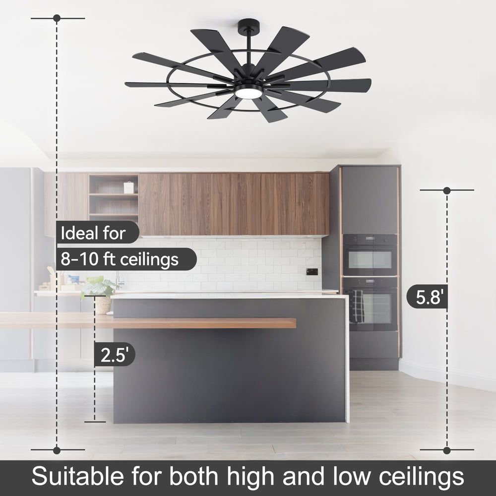 62/72 Inch Modern Black Ceiling Fan with Light, Quiet DC Motor, Remote Control, Reversible 6-Speed Fan, 3 Color Temperatures, Memory Function