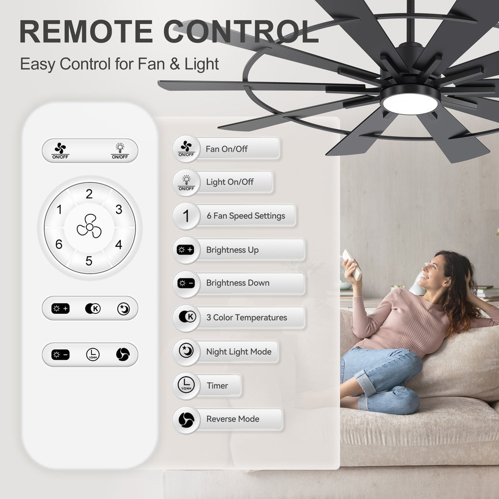Remote control for black ceiling fan with light and six fan speeds