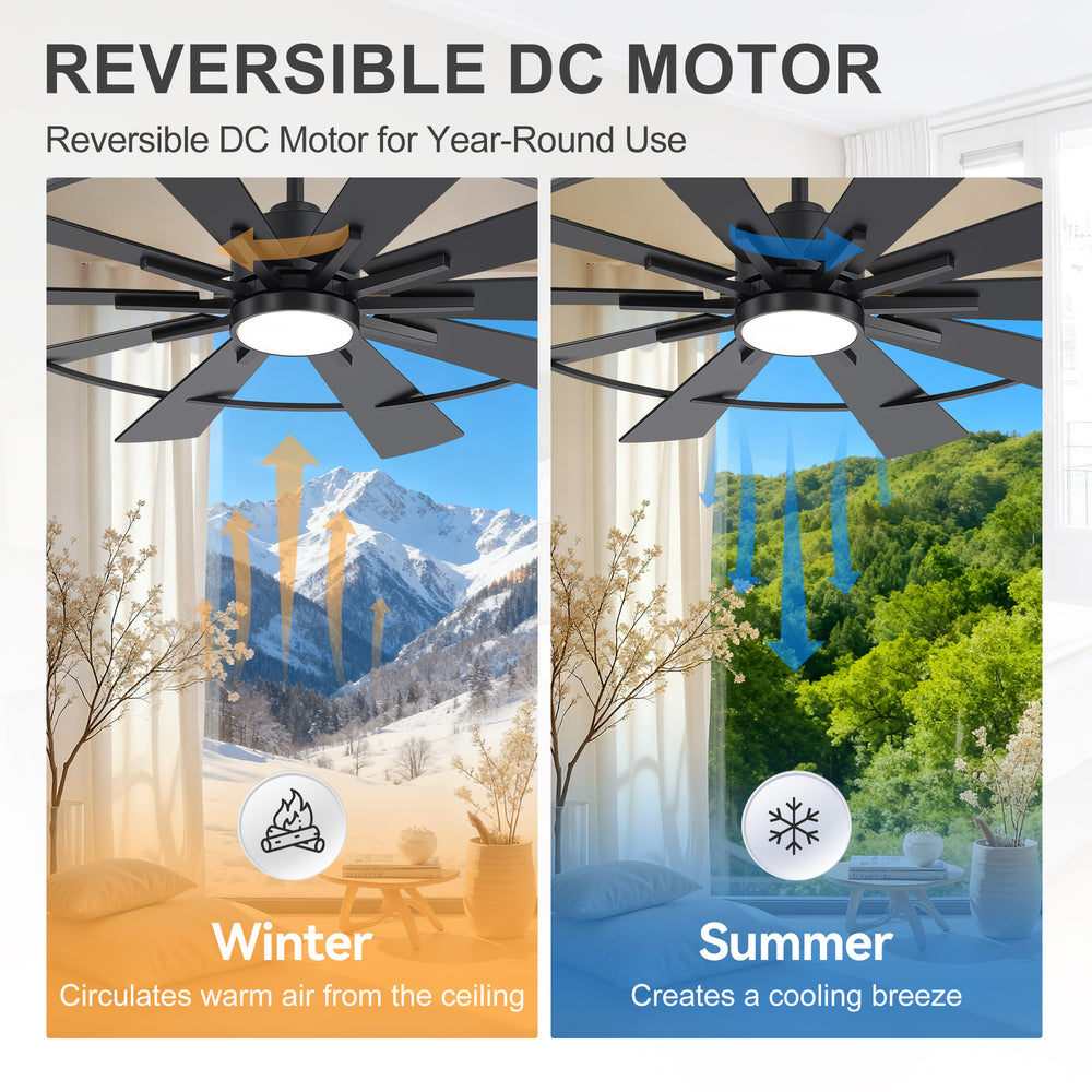 Reversible DC motor summer and winter mode on modern black ceiling fan with light