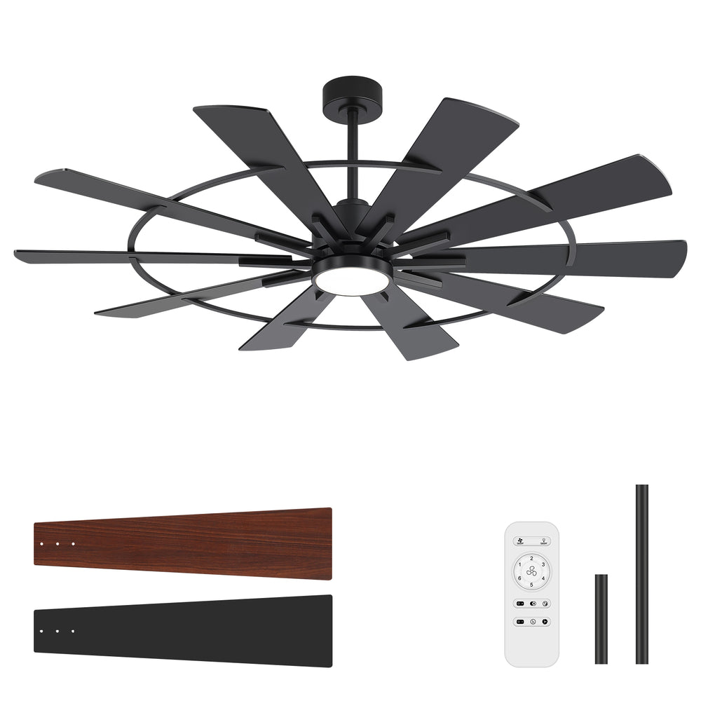 62/72 Inch Modern Black Ceiling Fan with Light, Quiet DC Motor, Remote Control, Reversible 6-Speed Fan, 3 Color Temperatures, Memory Function