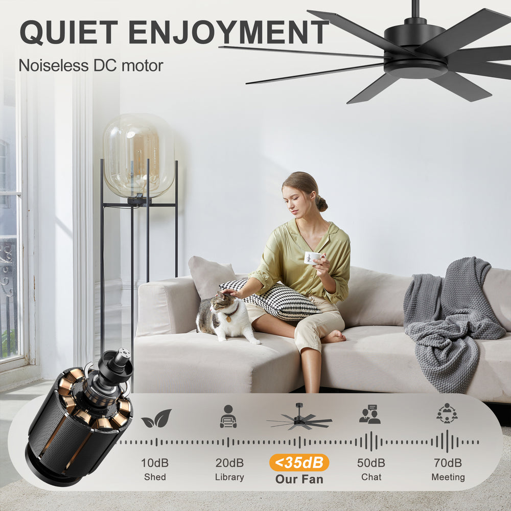 52-inch Matte Black Ceiling Fan, Reversible 8-Blade, DC Motor, Remote Control, No Light