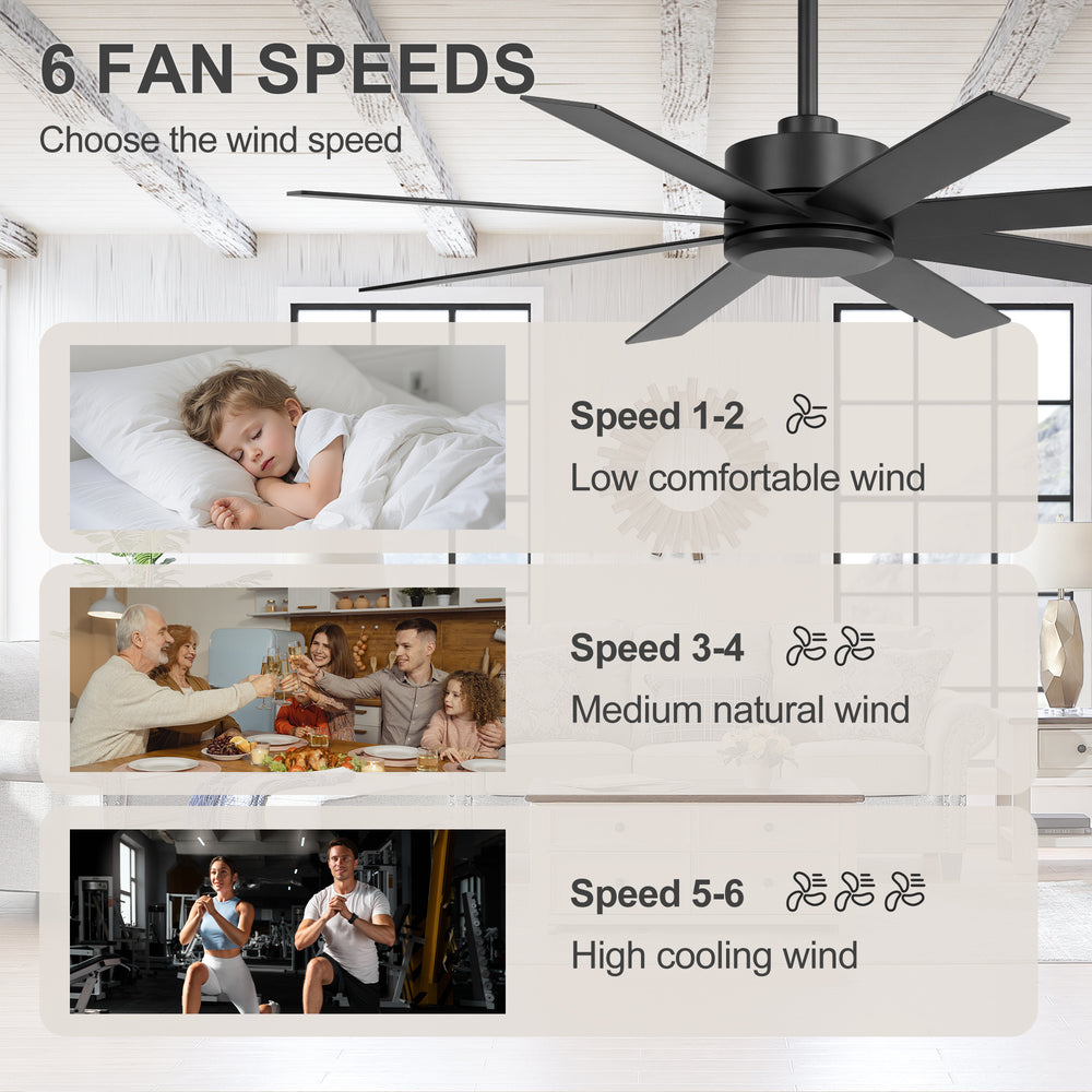 52-inch Matte Black Ceiling Fan, Reversible 8-Blade, DC Motor, Remote Control, No Light