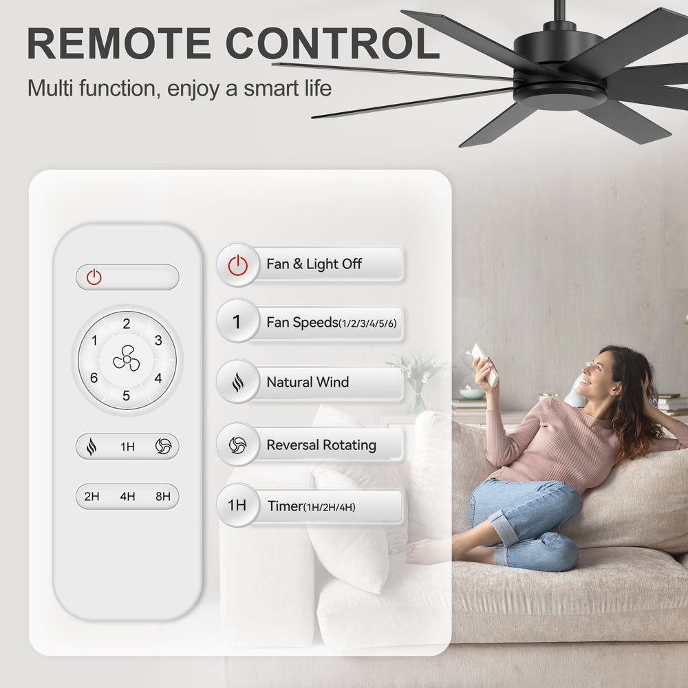 52-inch Matte Black Ceiling Fan, Reversible 8-Blade, DC Motor, Remote Control, No Light