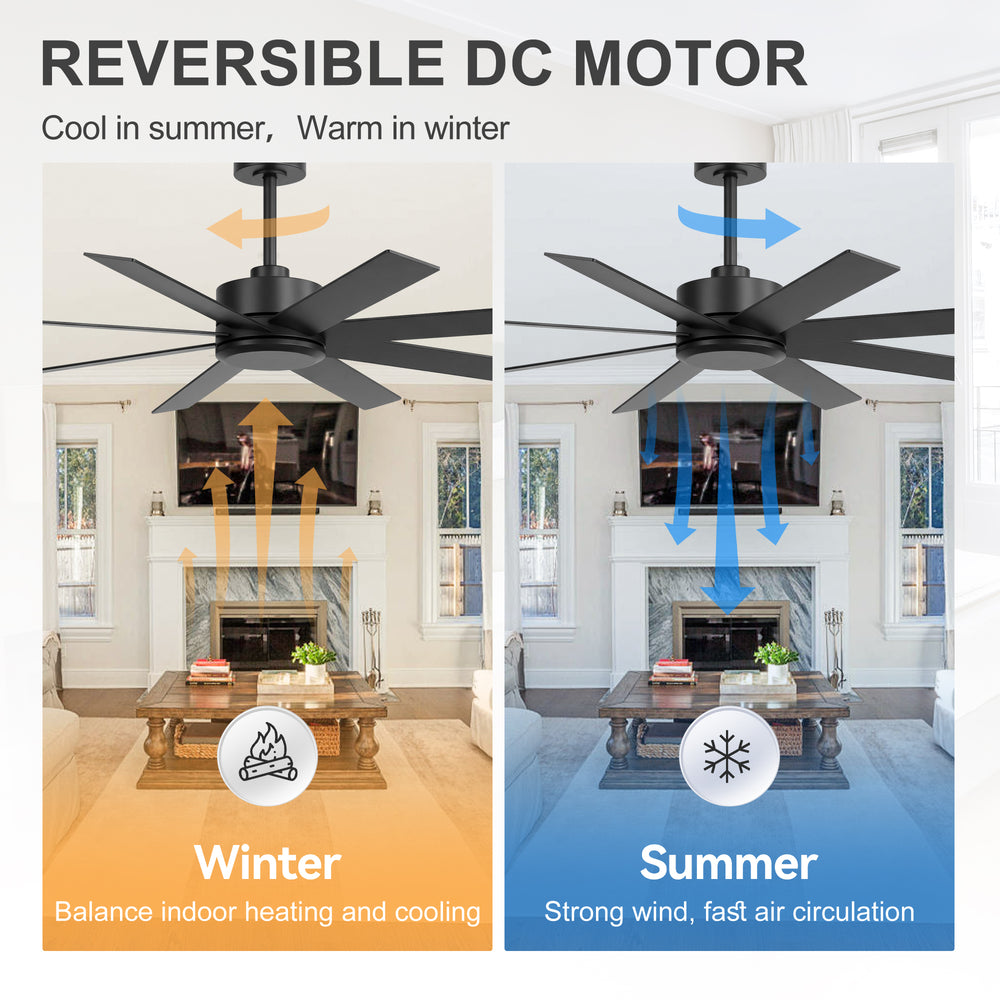 52-inch Matte Black Ceiling Fan, Reversible 8-Blade, DC Motor, Remote Control, No Light
