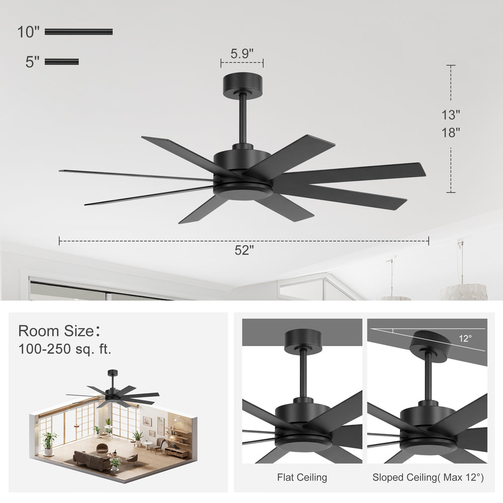 52-inch Matte Black Ceiling Fan, Reversible 8-Blade, DC Motor, Remote Control, No Light