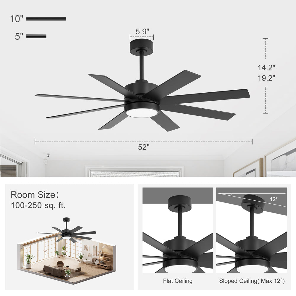 52-inch Matte Black Ceiling Fan with LED Light, Silent DC Motor, 8 Reversible Blades, 3 CCT, Remote Control