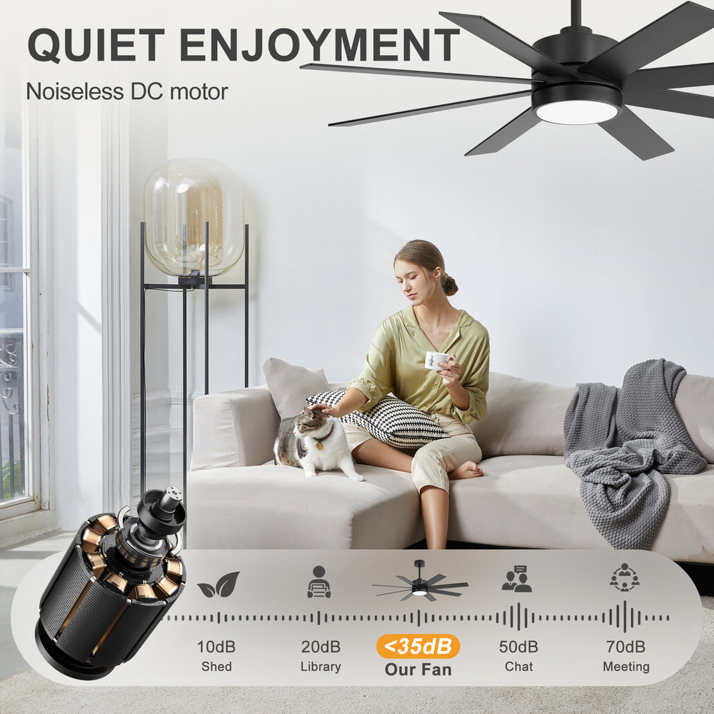52-inch Matte Black Ceiling Fan with LED Light, Silent DC Motor, 8 Reversible Blades, 3 CCT, Remote Control