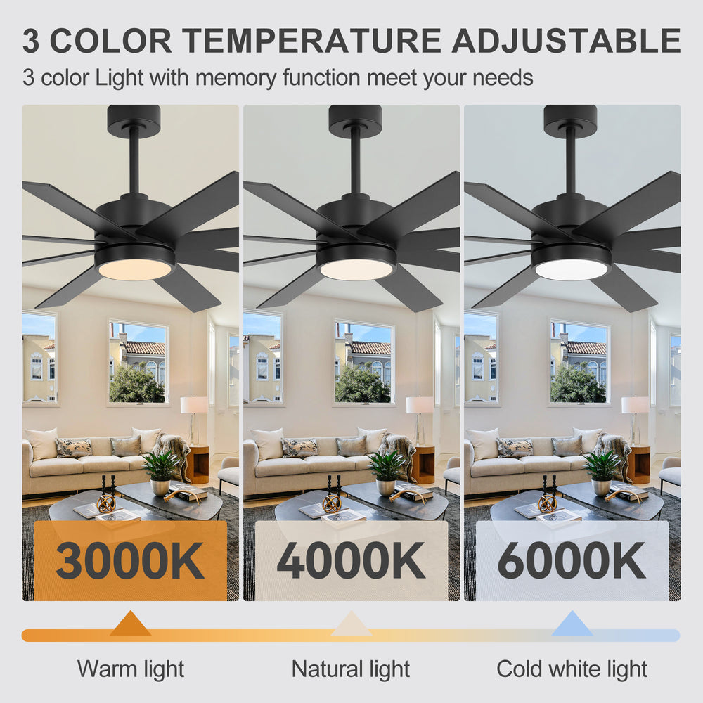 52-inch Matte Black Ceiling Fan with LED Light, Silent DC Motor, 8 Reversible Blades, 3 CCT, Remote Control
