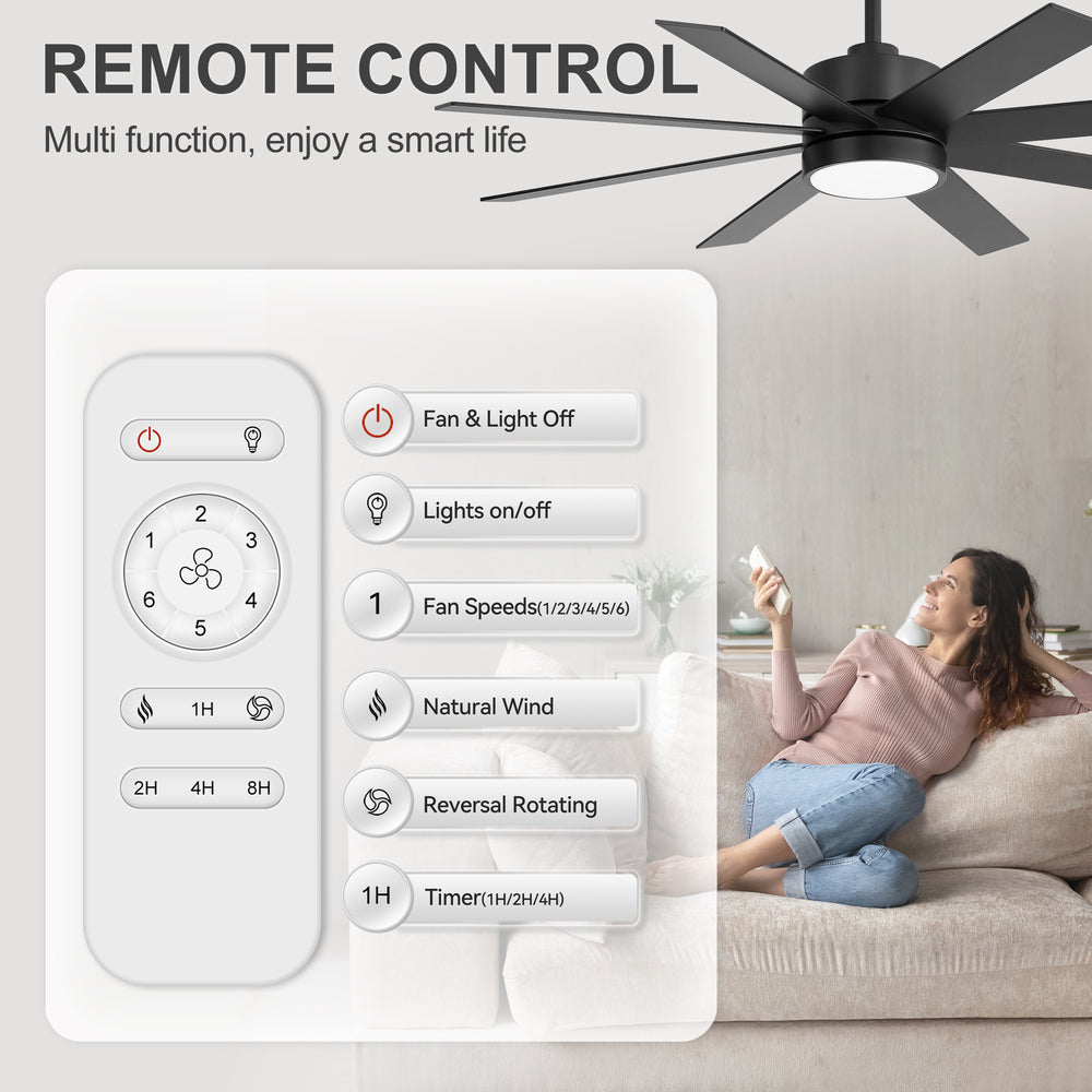 52-inch Matte Black Ceiling Fan with LED Light, Silent DC Motor, 8 Reversible Blades, 3 CCT, Remote Control