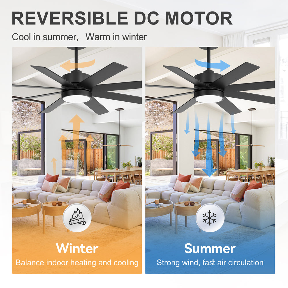 52-inch Matte Black Ceiling Fan with LED Light, Silent DC Motor, 8 Reversible Blades, 3 CCT, Remote Control