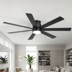 60-Inch Dimmable Ceiling Fan with Light, Flush Mount, Matte Black, 7 Reversible Blades, DC Motor, 6-Speed Remote