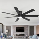 Veyra 60-inch black flush mount ceiling fan with dimmable light in a modern living room