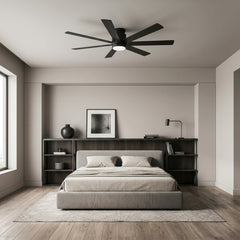 60-Inch Dimmable Ceiling Fan with Light, Flush Mount, Matte Black, 7 Reversible Blades, DC Motor, 6-Speed Remote