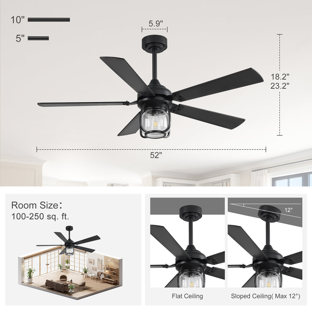 52 Inch Farmhouse Ceiling Fan with Light, Quiet Reversible DC Motor, Remote Control, 6 Speeds, Dual Finish Blades, For Bedroom Living Room