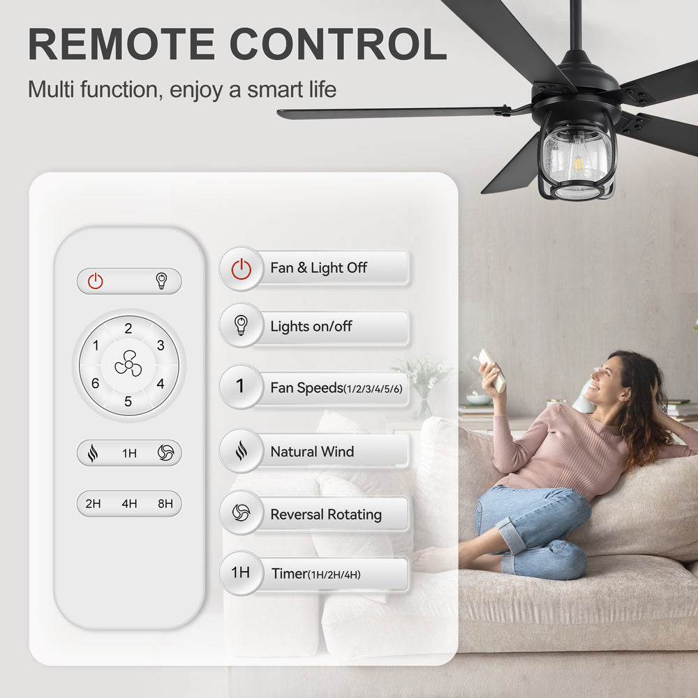 52 Inch Farmhouse Ceiling Fan with Light, Quiet Reversible DC Motor, Remote Control, 6 Speeds, Dual Finish Blades, For Bedroom Living Room
