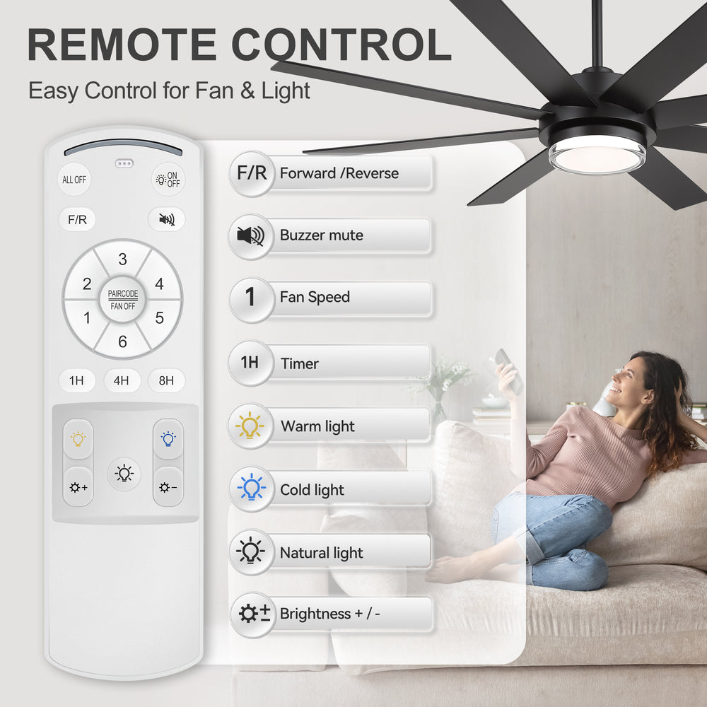 60"/72" Modern Ceiling Fan with Lights, Remote Control, 8-Blade Reversible DC Motor, 6 Speeds, 3CCT LED, Dimmable, Black/Walnut Blades