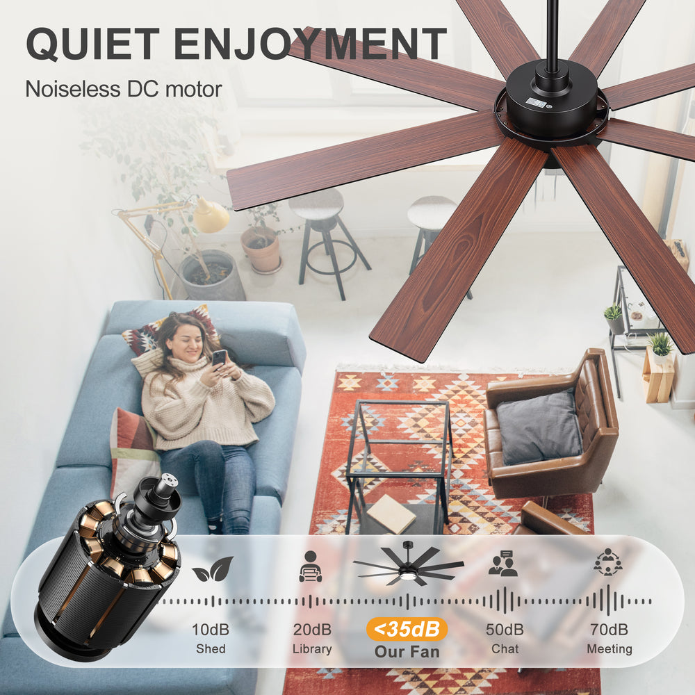 60"/72" Modern Ceiling Fan with Lights, Remote Control, 8-Blade Reversible DC Motor, 6 Speeds, 3CCT LED, Dimmable, Black/Walnut Blades