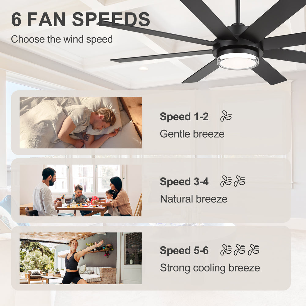 60"/72" Modern Ceiling Fan with Lights, Remote Control, 8-Blade Reversible DC Motor, 6 Speeds, 3CCT LED, Dimmable, Black/Walnut Blades