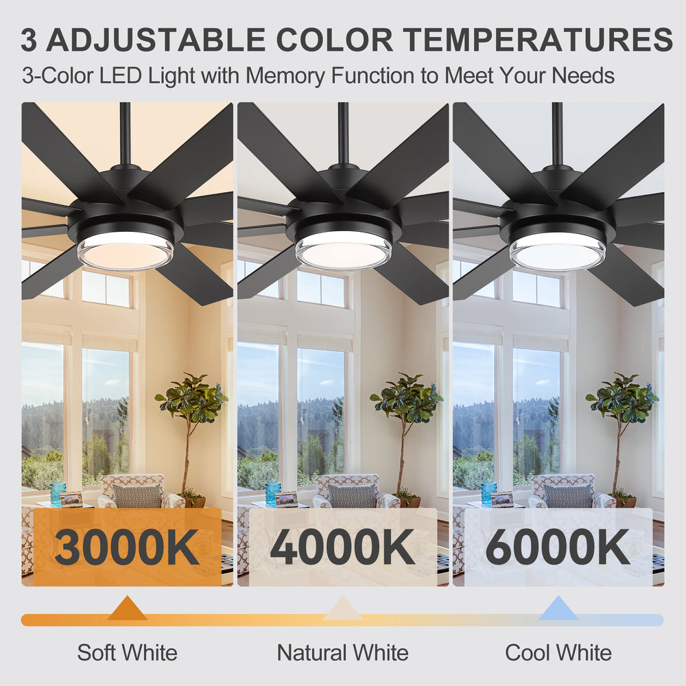 60"/72" Modern Ceiling Fan with Lights, Remote Control, 8-Blade Reversible DC Motor, 6 Speeds, 3CCT LED, Dimmable, Black/Walnut Blades