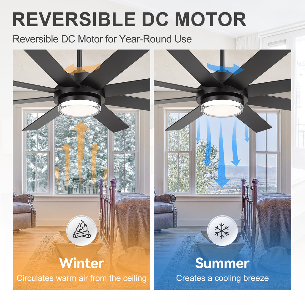 60"/72" Modern Ceiling Fan with Lights, Remote Control, 8-Blade Reversible DC Motor, 6 Speeds, 3CCT LED, Dimmable, Black/Walnut Blades
