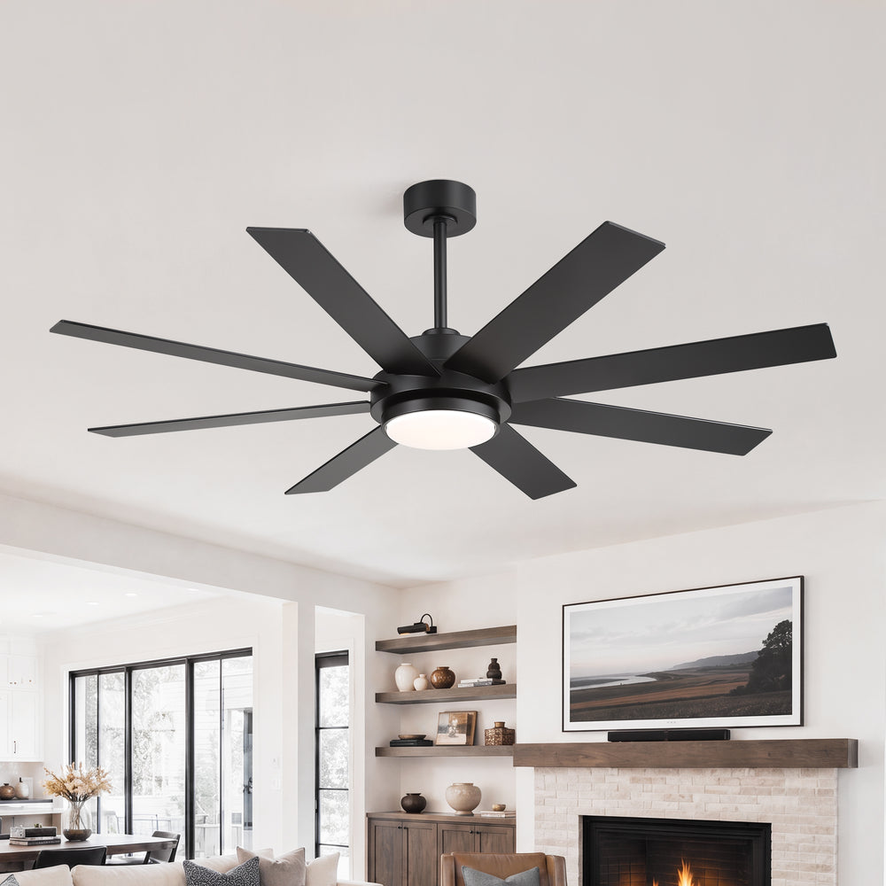 60/72 Inch Large Ceiling Fan with Light, Modern Black 8-Blade Ceiling Fan, Silent DC Motor, Remote Control, 3CCT Dimmable LED, Living Room Ceiling Fans with Lights and Remote