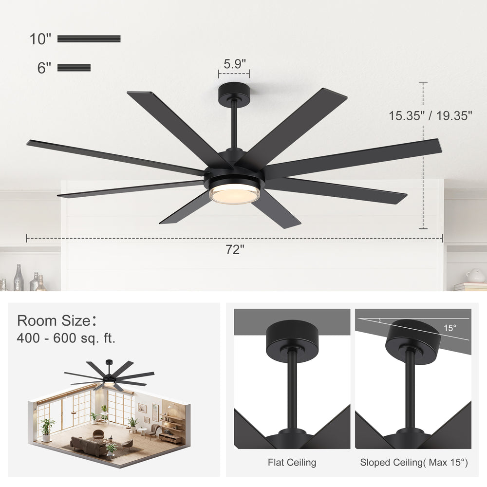 60"/72" Modern Ceiling Fan with Lights, Remote Control, 8-Blade Reversible DC Motor, 6 Speeds, 3CCT LED, Dimmable, Black/Walnut Blades