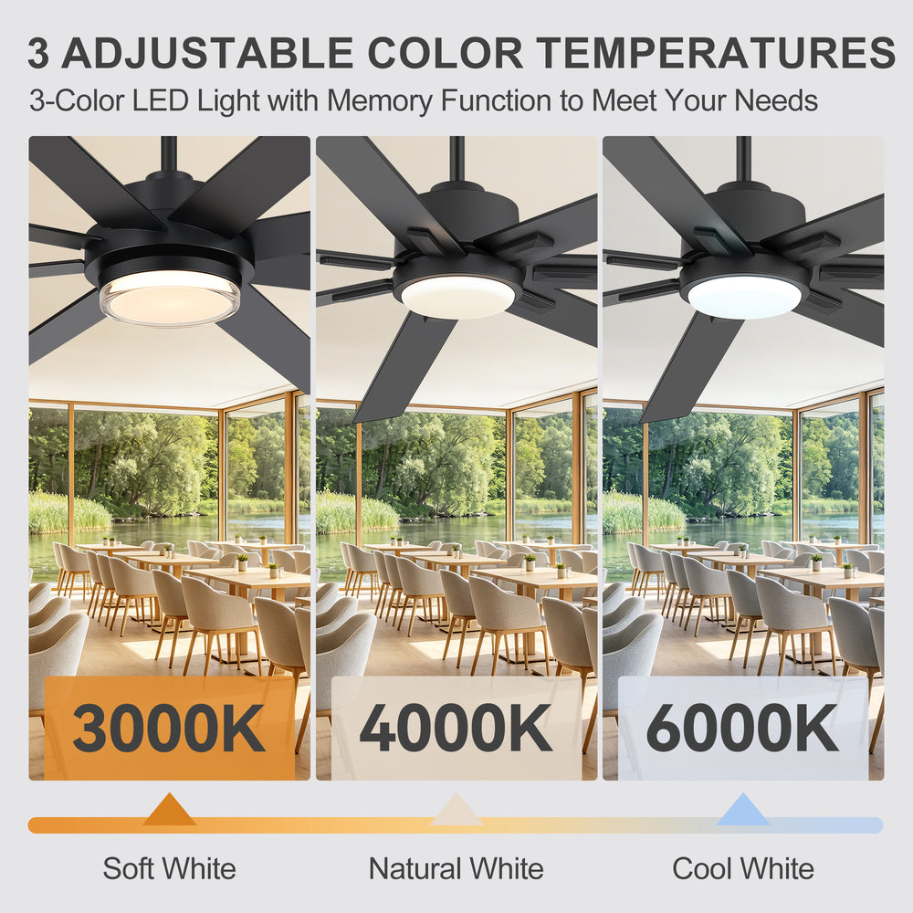 60"/72" Modern Ceiling Fan with Lights, Remote Control, 8-Blade Reversible DC Motor, 6 Speeds, 3CCT LED, Dimmable, Black/Walnut Blades