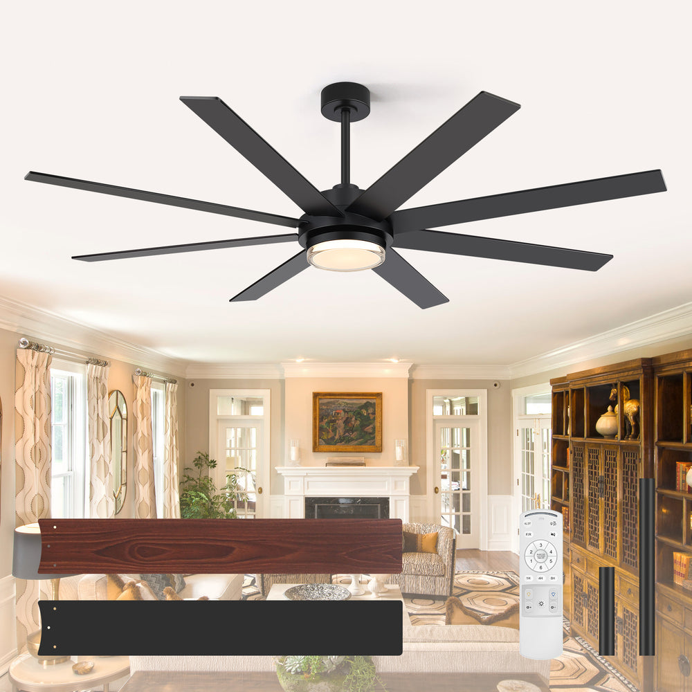 60"/72" Modern Ceiling Fan with Lights, Remote Control, 8-Blade Reversible DC Motor, 6 Speeds, 3CCT LED, Dimmable, Black/Walnut Blades