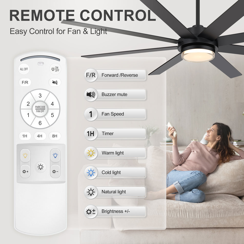 60"/72" Modern Ceiling Fan with Lights, Remote Control, 8-Blade Reversible DC Motor, 6 Speeds, 3CCT LED, Dimmable, Black/Walnut Blades