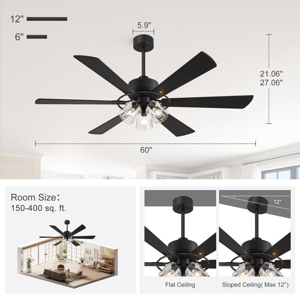 Walvion 60 Inch Black Walnut 6 Blade Ceiling Fan With Light