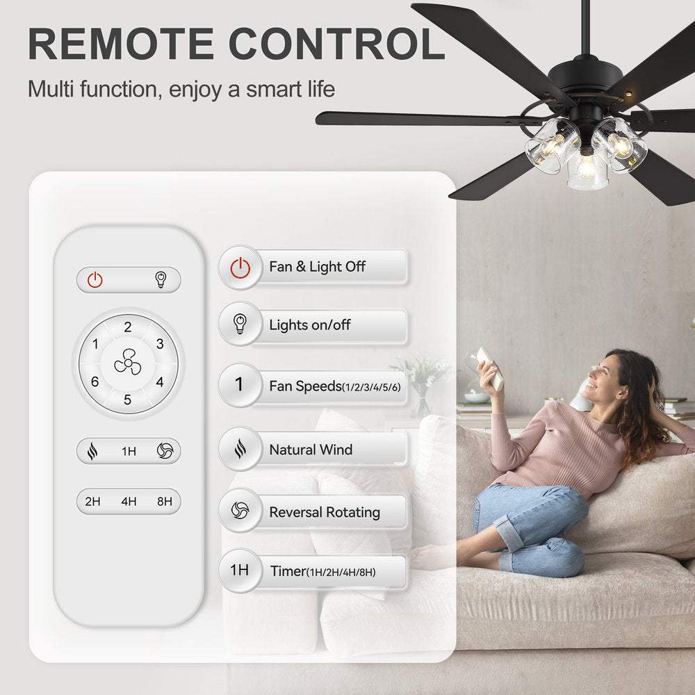 Walvion 60 Inch Black Walnut 6 Blade Ceiling Fan With Light