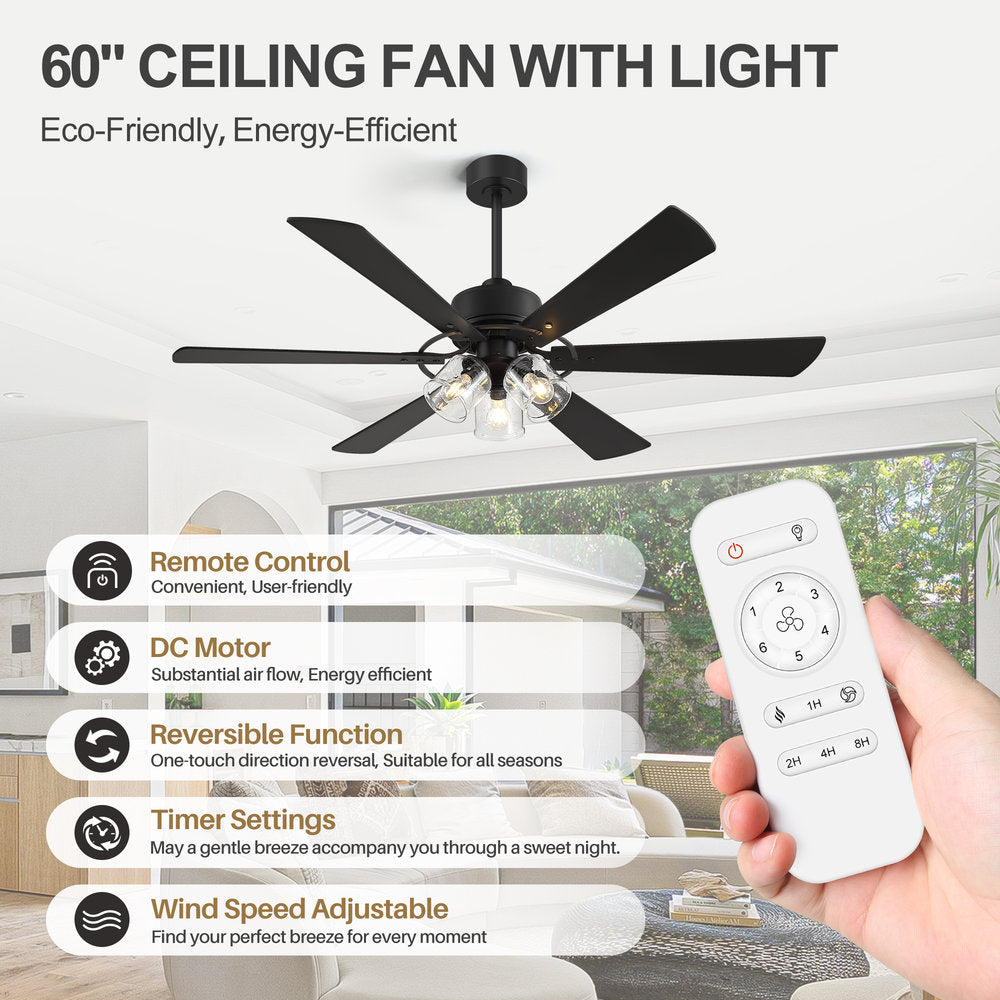 Walvion 60 Inch Black Walnut 6 Blade Ceiling Fan With Light