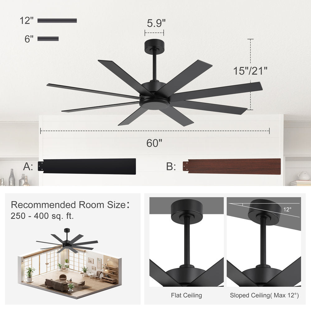 Walvex 60 Inch Black Walnut 8 Blade Ceiling Fan No Light