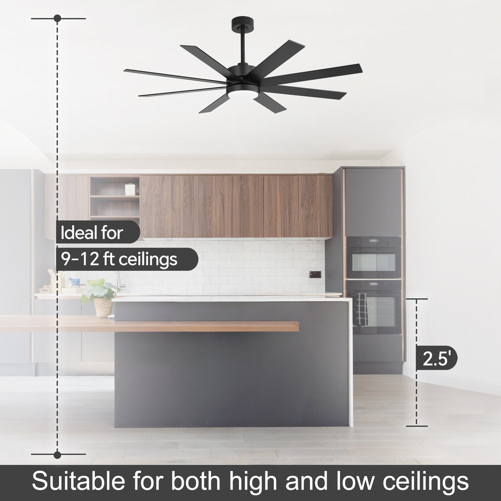 Walvora 60 Inch Black Walnut 8 Blade Ceiling Fan With Light