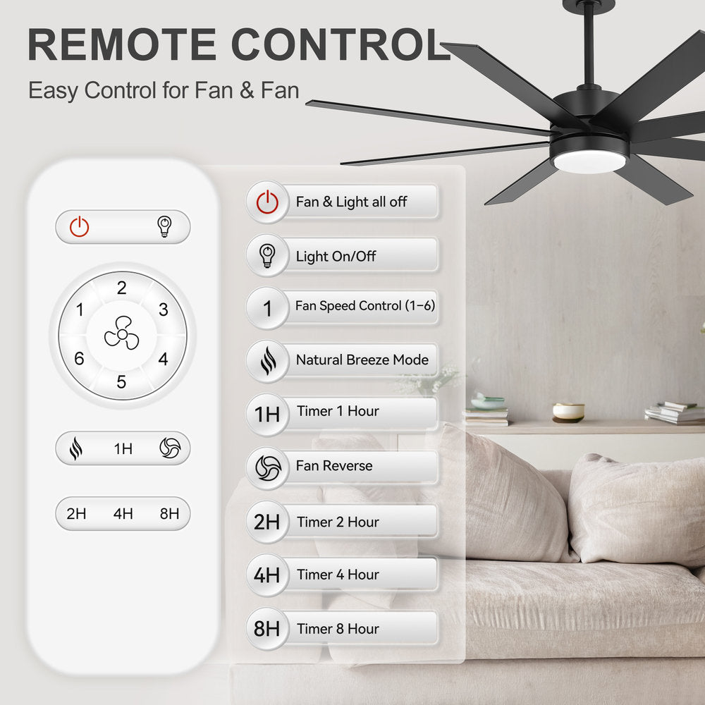 Walvora 60 Inch Black Walnut 8 Blade Ceiling Fan With Light