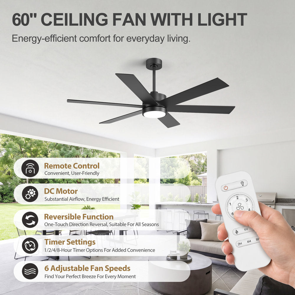Walmora 60 Inch Black Walnut 6 Blade Ceiling Fan With Light