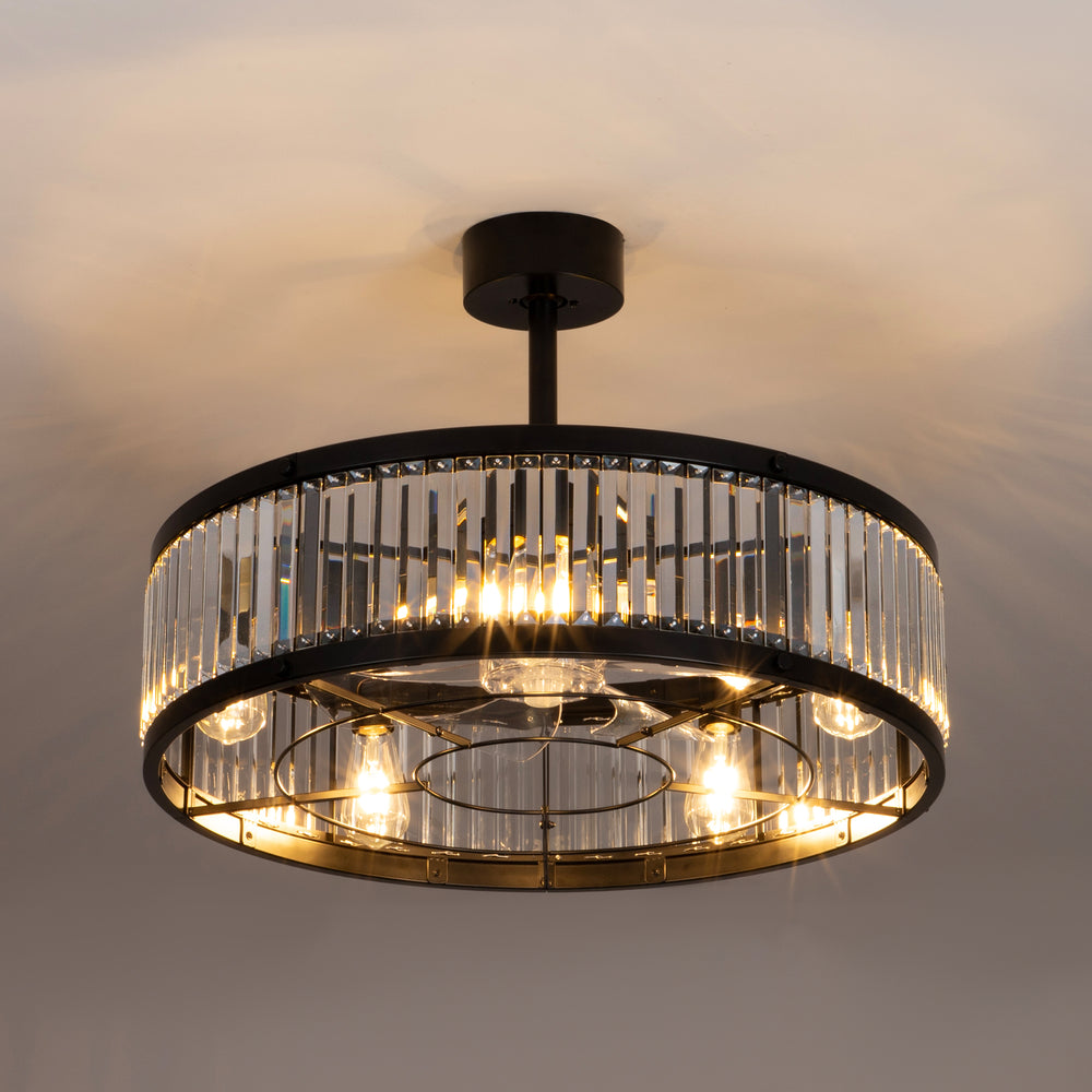 28 Inch Crystal Ceiling Fan with Lights, Black Fandelier Chandelier Ceiling Fan, 7 Clear Blades, 6 Speeds, Reversible DC Motor, Remote Control, Indoor Fan for Bedroom
