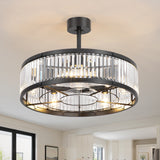 28 Inch Crystal Ceiling Fan with Lights, Black Fandelier Chandelier Ceiling Fan, 7 Clear Blades, 6 Speeds, Reversible DC Motor, Remote Control, Indoor Fan for Bedroom