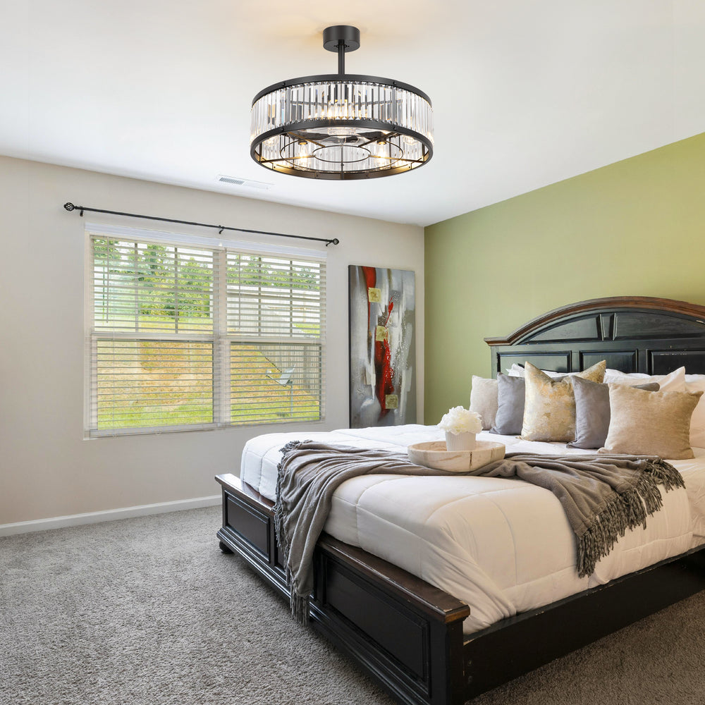 28 Inch Crystal Ceiling Fan with Lights, Black Fandelier Chandelier Ceiling Fan, 7 Clear Blades, 6 Speeds, Reversible DC Motor, Remote Control, Indoor Fan for Bedroom
