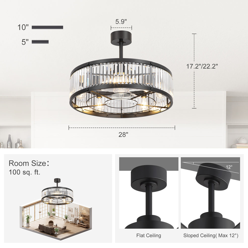 28 Inch Crystal Ceiling Fan with Lights, Black Fandelier Chandelier Ceiling Fan, 7 Clear Blades, 6 Speeds, Reversible DC Motor, Remote Control, Indoor Fan for Bedroom