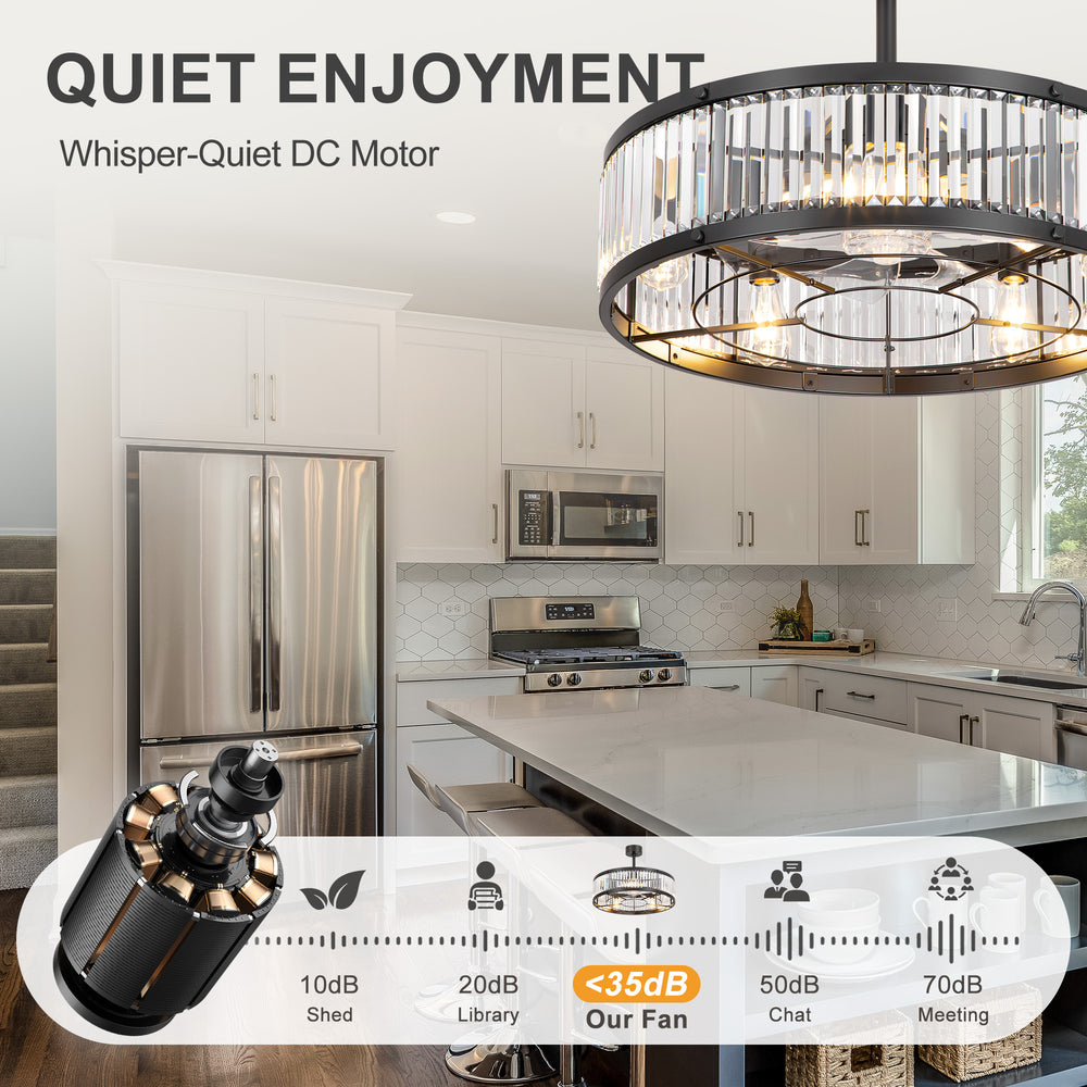 28 Inch Crystal Ceiling Fan with Lights, Black Fandelier Chandelier Ceiling Fan, 7 Clear Blades, 6 Speeds, Reversible DC Motor, Remote Control, Indoor Fan for Bedroom