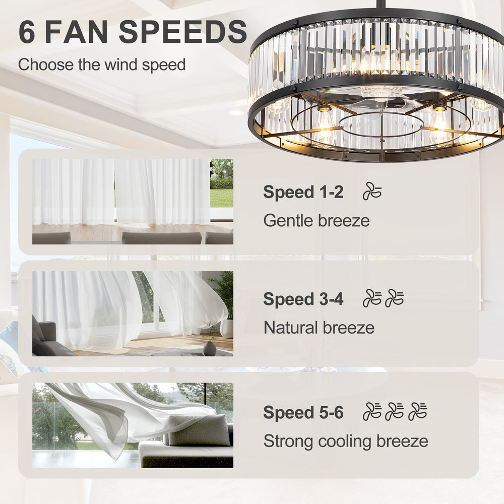 28 Inch Crystal Ceiling Fan with Lights, Black Fandelier Chandelier Ceiling Fan, 7 Clear Blades, 6 Speeds, Reversible DC Motor, Remote Control, Indoor Fan for Bedroom