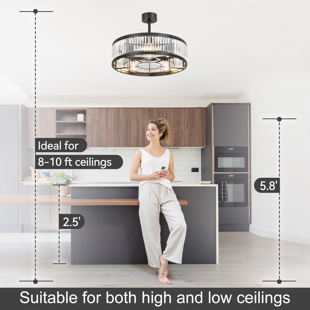 28 Inch Crystal Ceiling Fan with Lights, Black Fandelier Chandelier Ceiling Fan, 7 Clear Blades, 6 Speeds, Reversible DC Motor, Remote Control, Indoor Fan for Bedroom