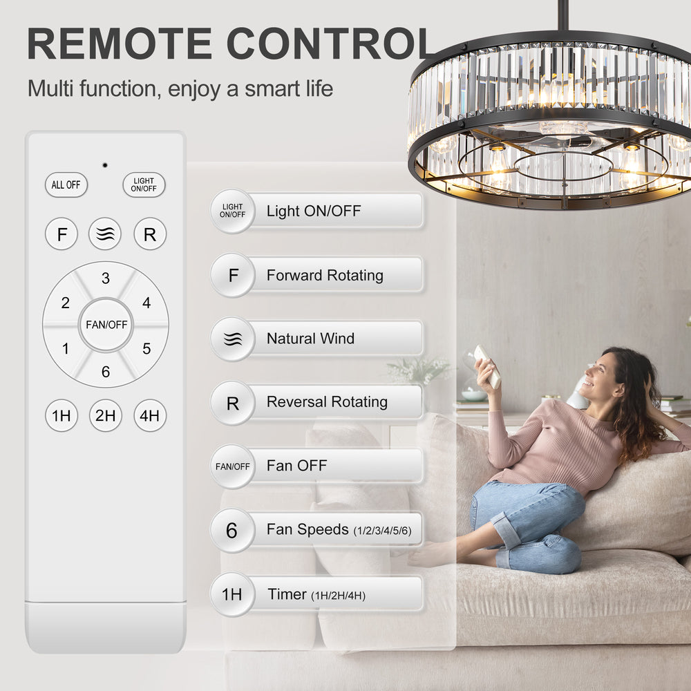 28 Inch Crystal Ceiling Fan with Lights, Black Fandelier Chandelier Ceiling Fan, 7 Clear Blades, 6 Speeds, Reversible DC Motor, Remote Control, Indoor Fan for Bedroom
