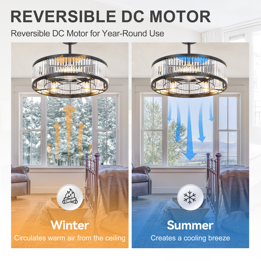 28 Inch Crystal Ceiling Fan with Lights, Black Fandelier Chandelier Ceiling Fan, 7 Clear Blades, 6 Speeds, Reversible DC Motor, Remote Control, Indoor Fan for Bedroom