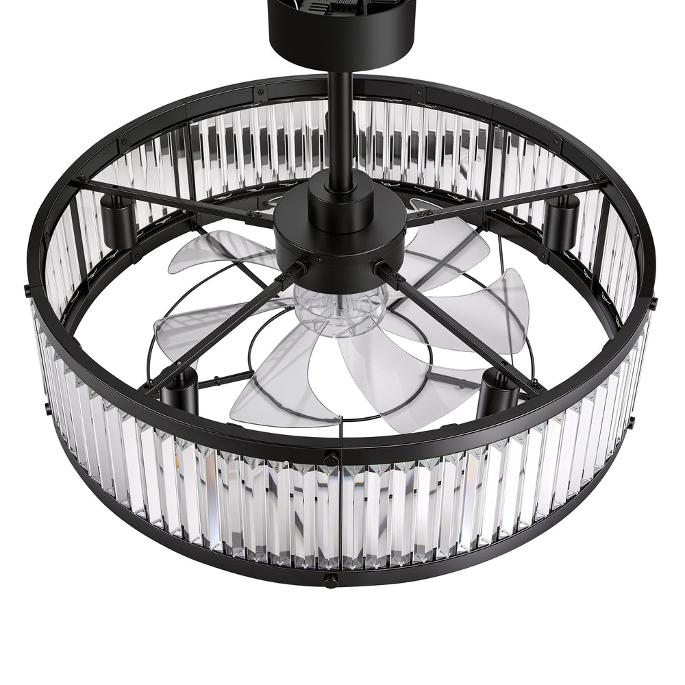28 Inch Crystal Ceiling Fan with Lights, Black Fandelier Chandelier Ceiling Fan, 7 Clear Blades, 6 Speeds, Reversible DC Motor, Remote Control, Indoor Fan for Bedroom