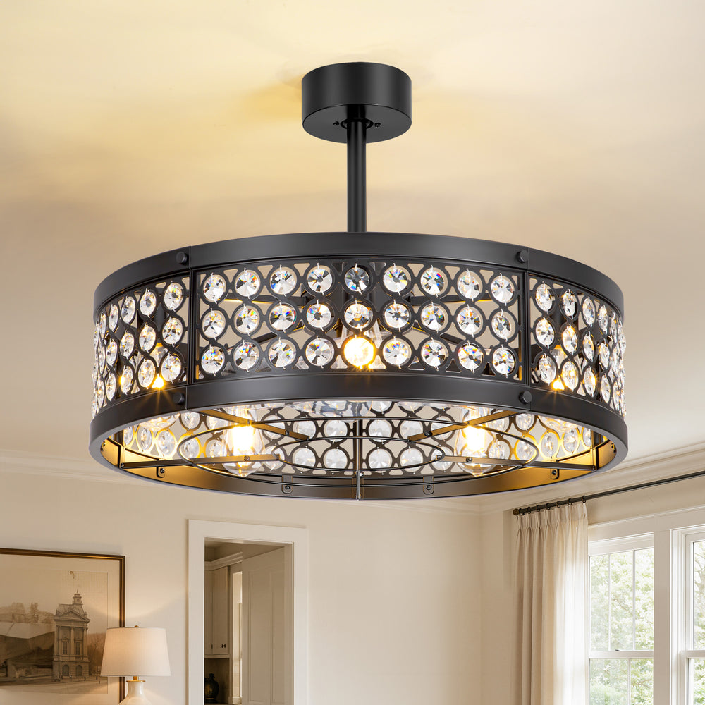 28 Inch Crystal Caged Ceiling Fan with Lights, Black Fandelier with Remote Control, 7-Blade DC Motor, 6 Speeds, Reversible Indoor Ceiling Fan for Bedroom