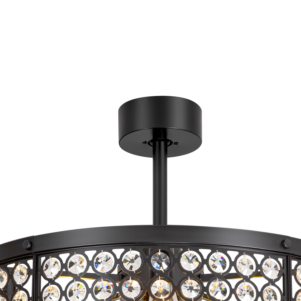 28 Inch Crystal Caged Ceiling Fan with Lights, Black Fandelier with Remote Control, 7-Blade DC Motor, 6 Speeds, Reversible Indoor Ceiling Fan for Bedroom