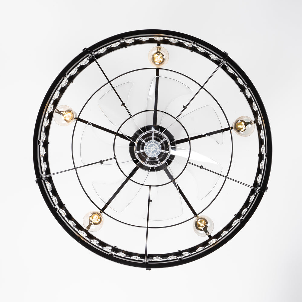 28 Inch Crystal Caged Ceiling Fan with Lights, Black Fandelier with Remote Control, 7-Blade DC Motor, 6 Speeds, Reversible Indoor Ceiling Fan for Bedroom